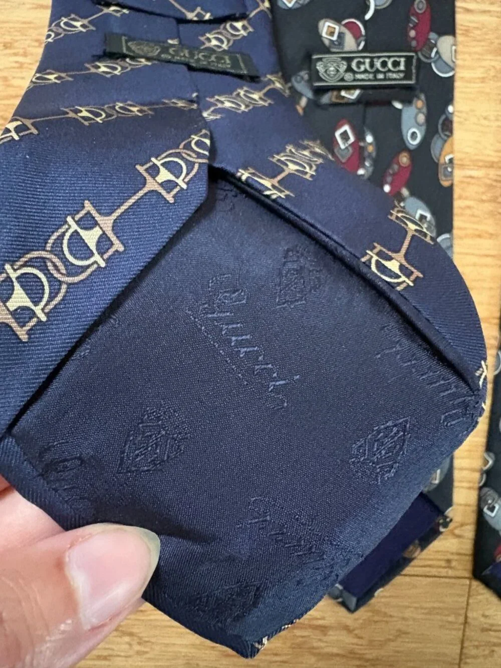 LOT Authentic GUCCI Silk Tie Blue Black GG Italy Men's monogram